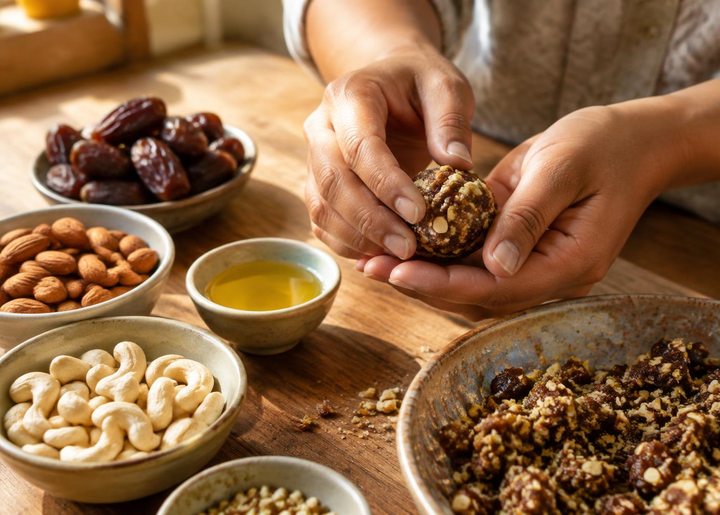 Hands shaping a dry-fruit laddoo beside bowls of dates, almonds and cashews