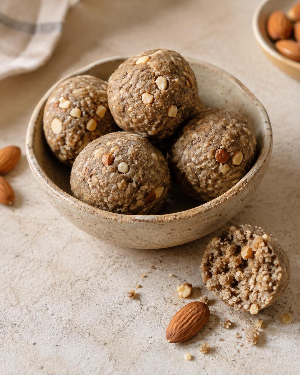 Bajra-badam ladoos in a sand-coloured ceramic katori