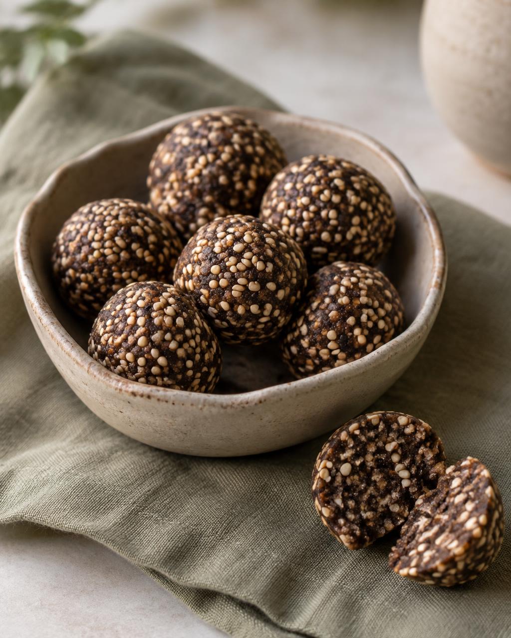 Sesame-date ellu urundai in a stoneware katori on olive linen