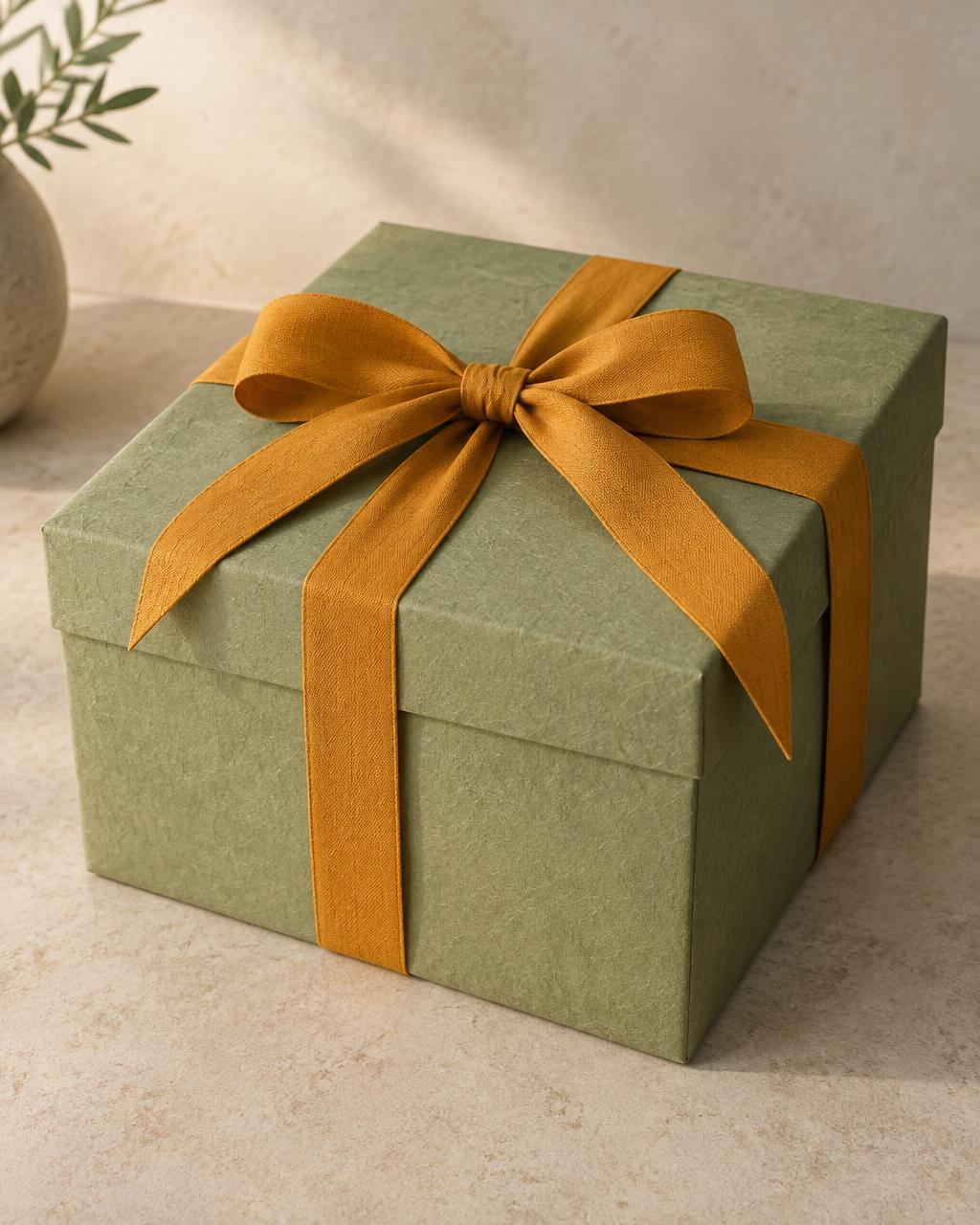 The Family Celebration Box: large pistachio-green box with saffron bow
