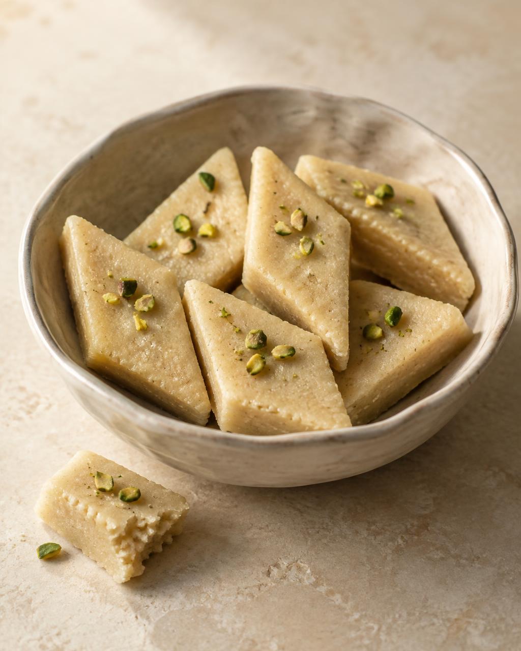 Date-pista kaju katli diamonds in an ivory ceramic katori