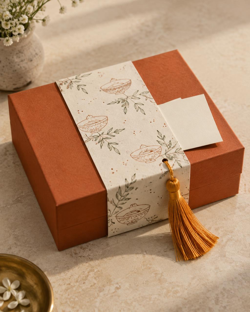 The Katori Royale: terracotta rigid box with line-art festive sleeve and tassel