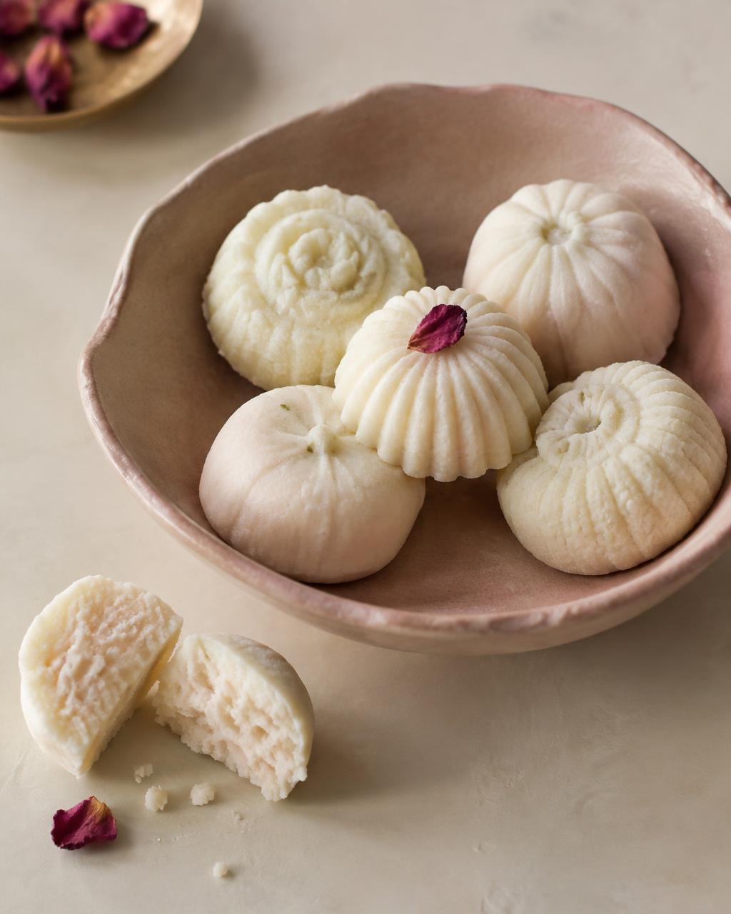 Rose-chenna sandesh in a blush ceramic katori