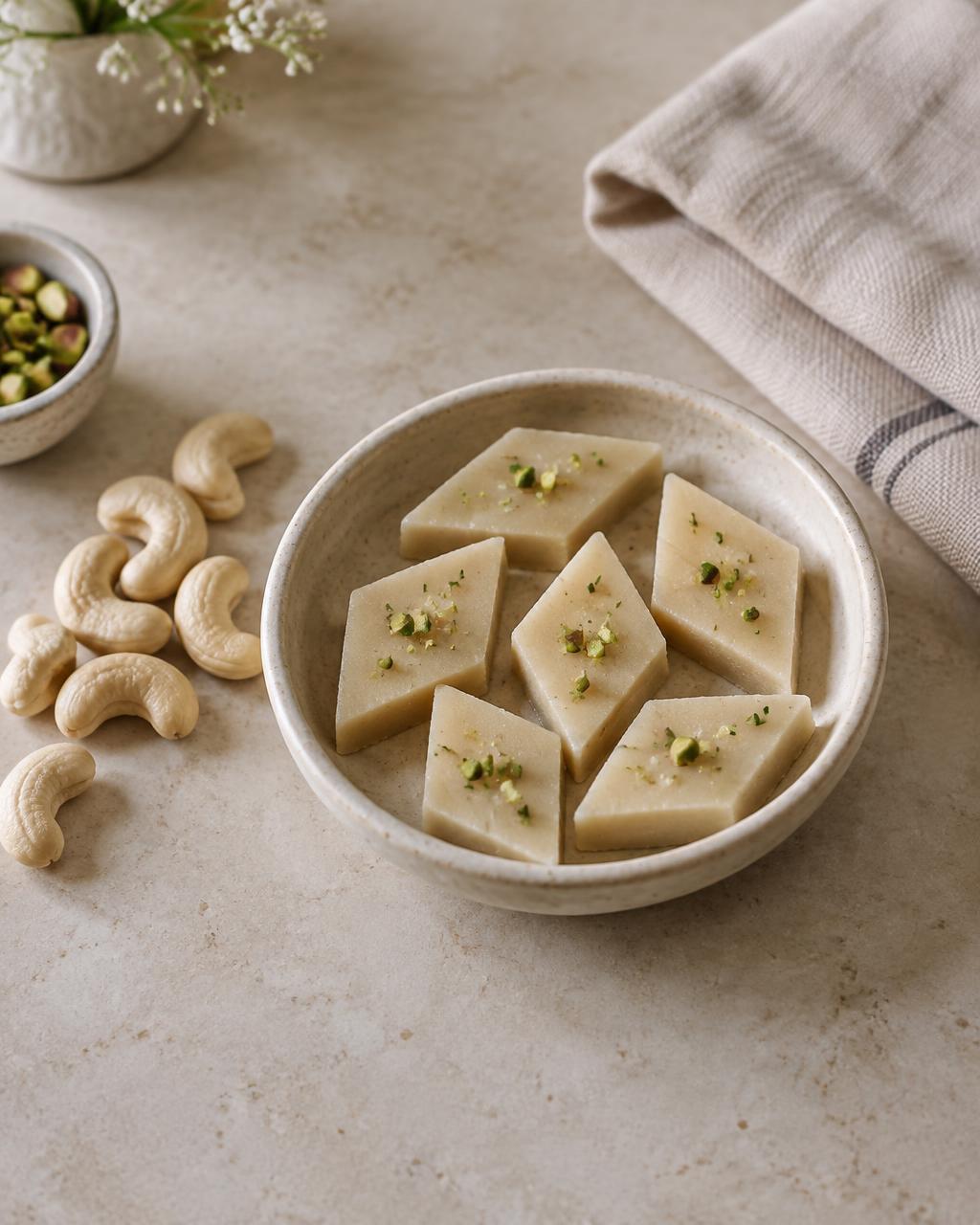 Date-pista kaju katli diamonds in an ivory ceramic katori, with cashews on a stone counter