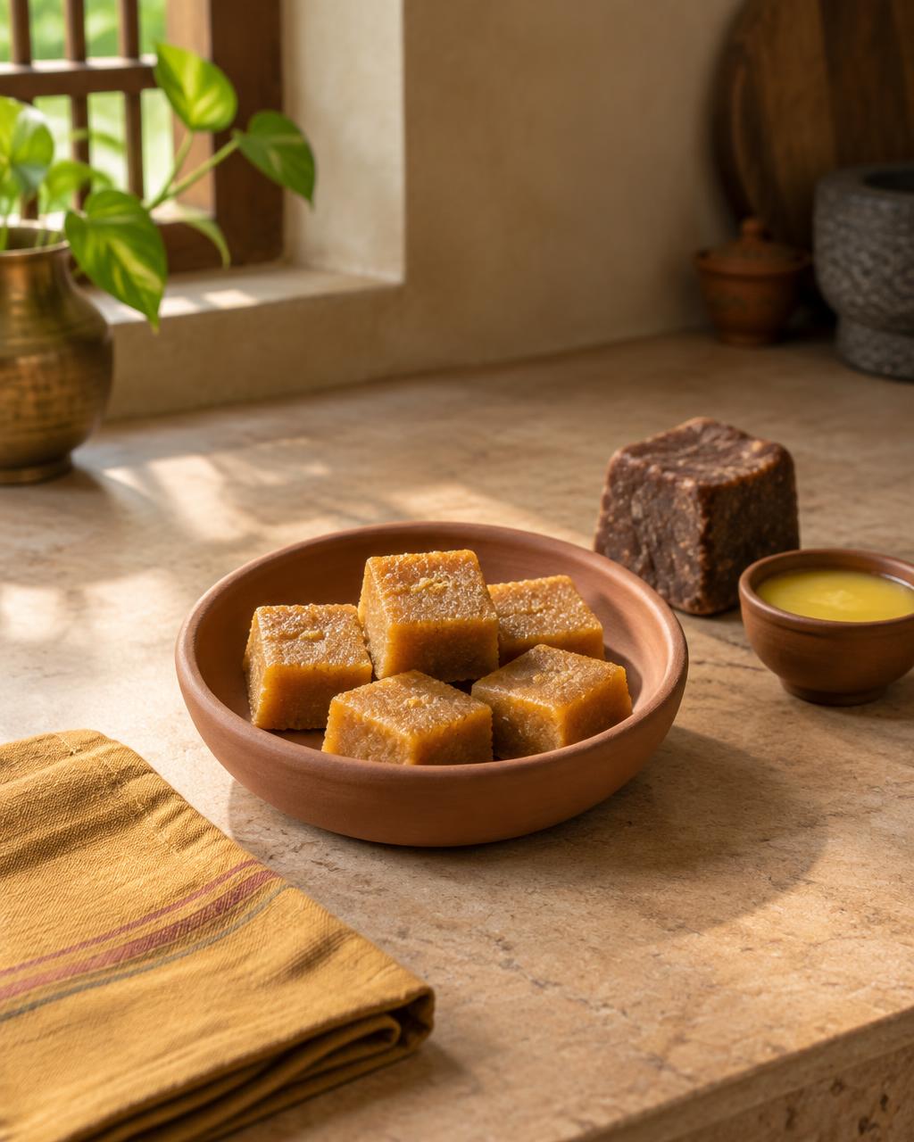 Jaggery Mysore Pak in a terracotta katori on a stone counter