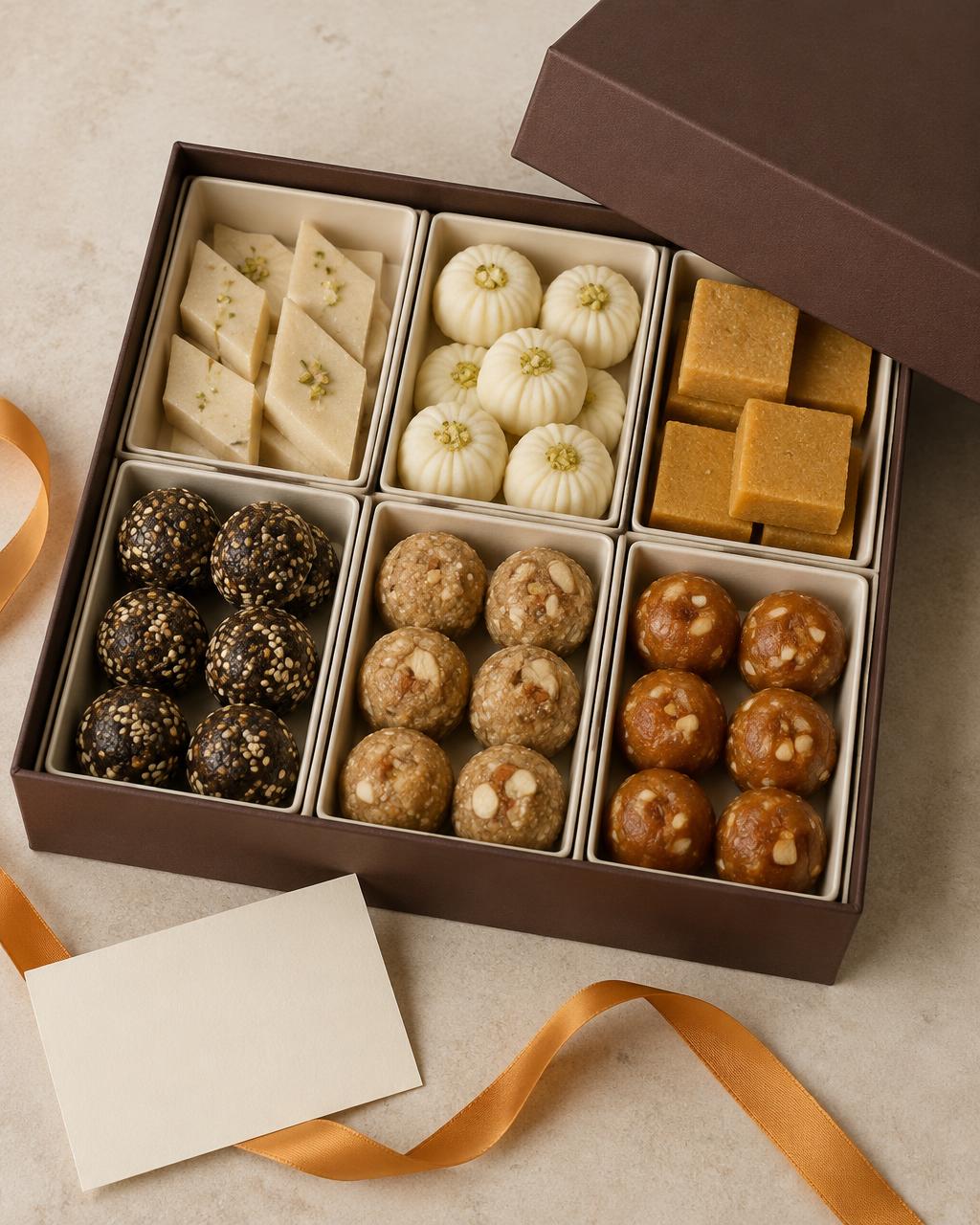 An open Meethi Katori gift box holding all six signature sweets