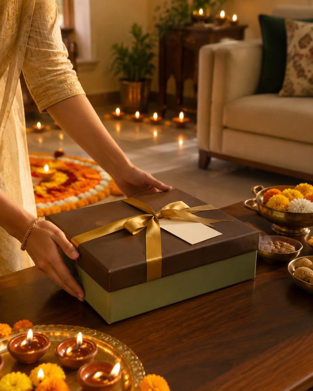 A Meethi Katori gift box being placed on a table lit with diyas